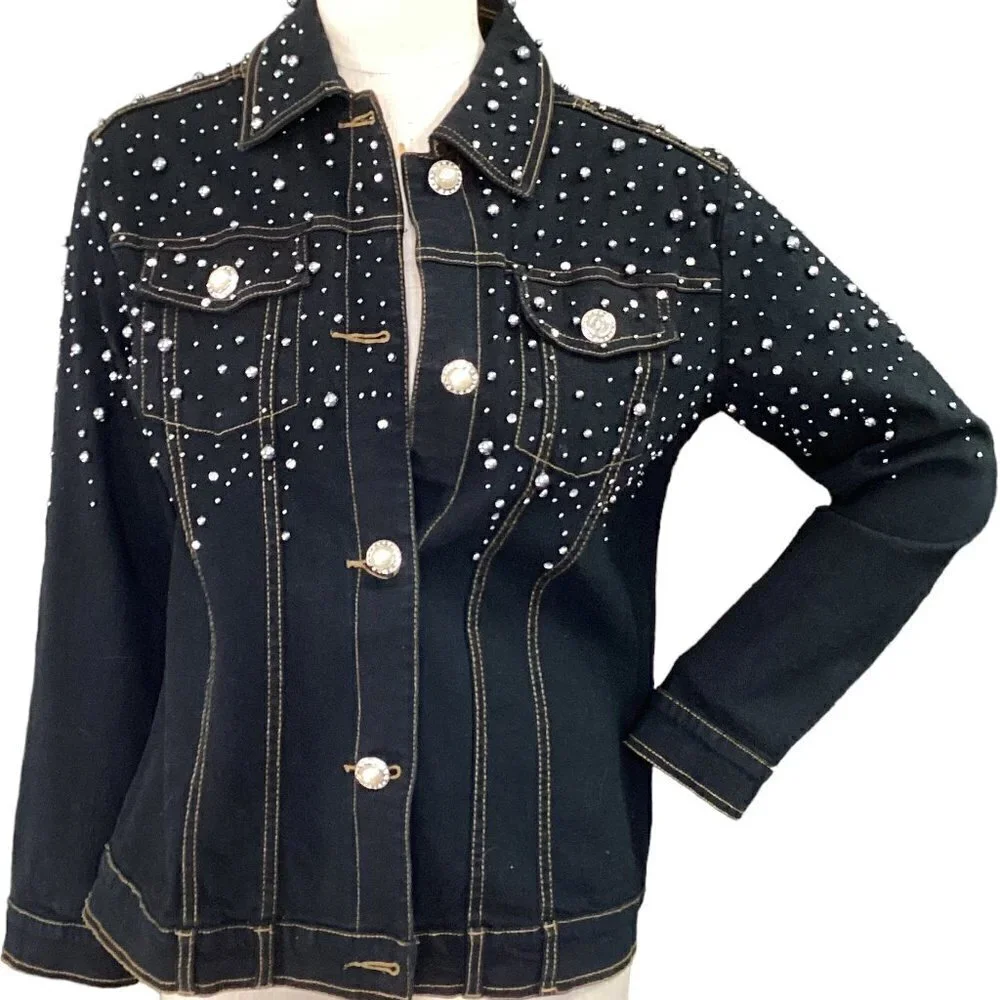 Quacker Factory Black Denim/Jean Jacket Pearl Buttons Beaded Studed Sz XS #57X‎